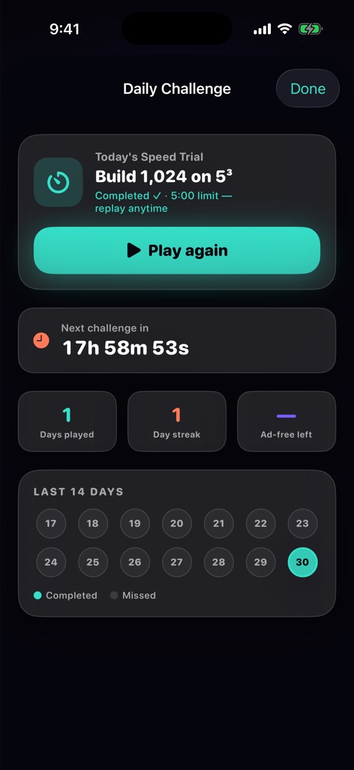 ByteCube daily challenge screen with a completion calendar, streak, and a countdown to the next reset