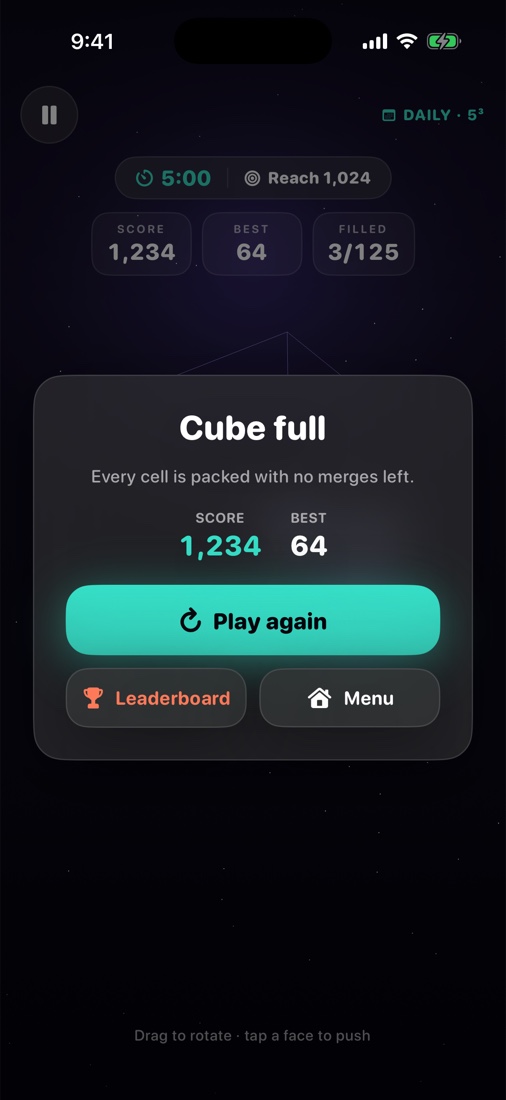 ByteCube game-over card reading Cube full with the final score and best