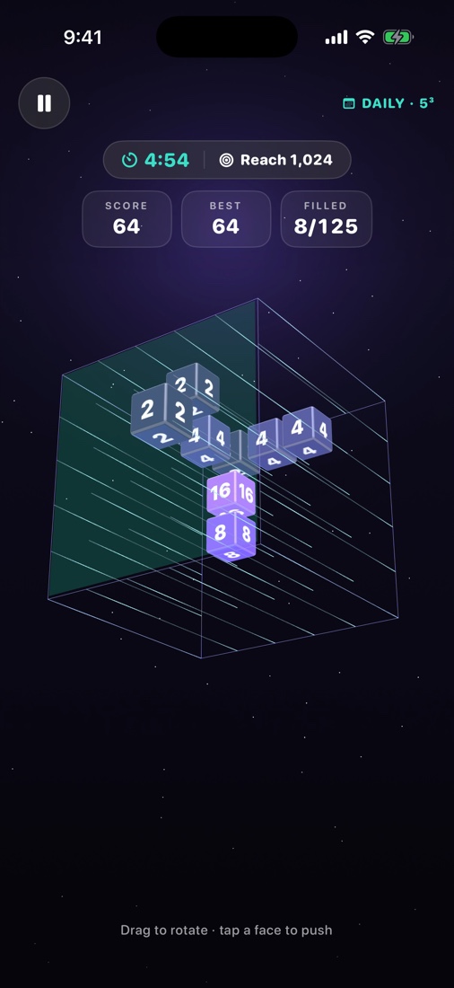 ByteCube mid-push: a tapped face glows teal and streamlines show the slide direction as tiles merge