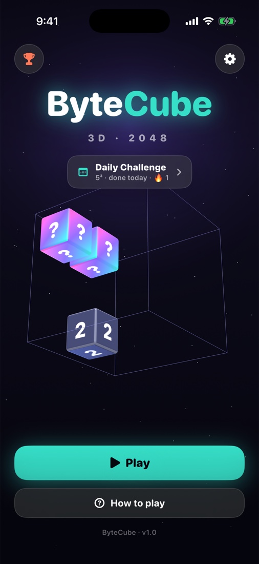 ByteCube main menu showing the 3D cube, the daily challenge, and the Play button