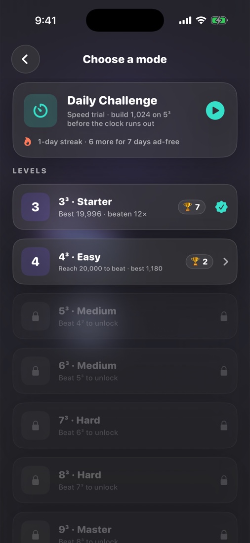 ByteCube level select showing cube sizes from 3³ Starter up to 10³ Master